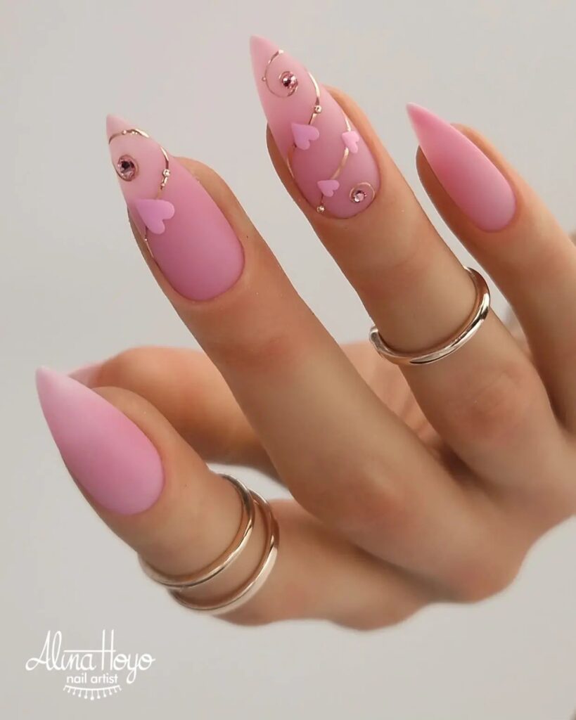 pink nails hearts crystals gold