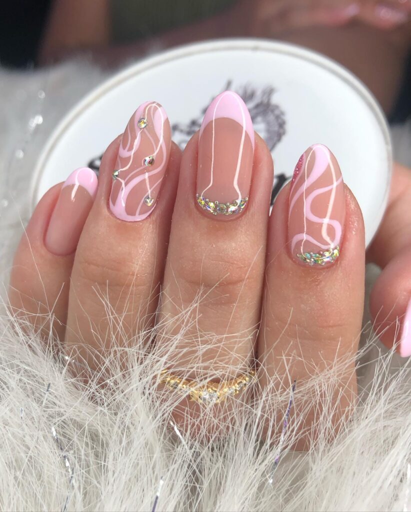 pink nails with gems pattern