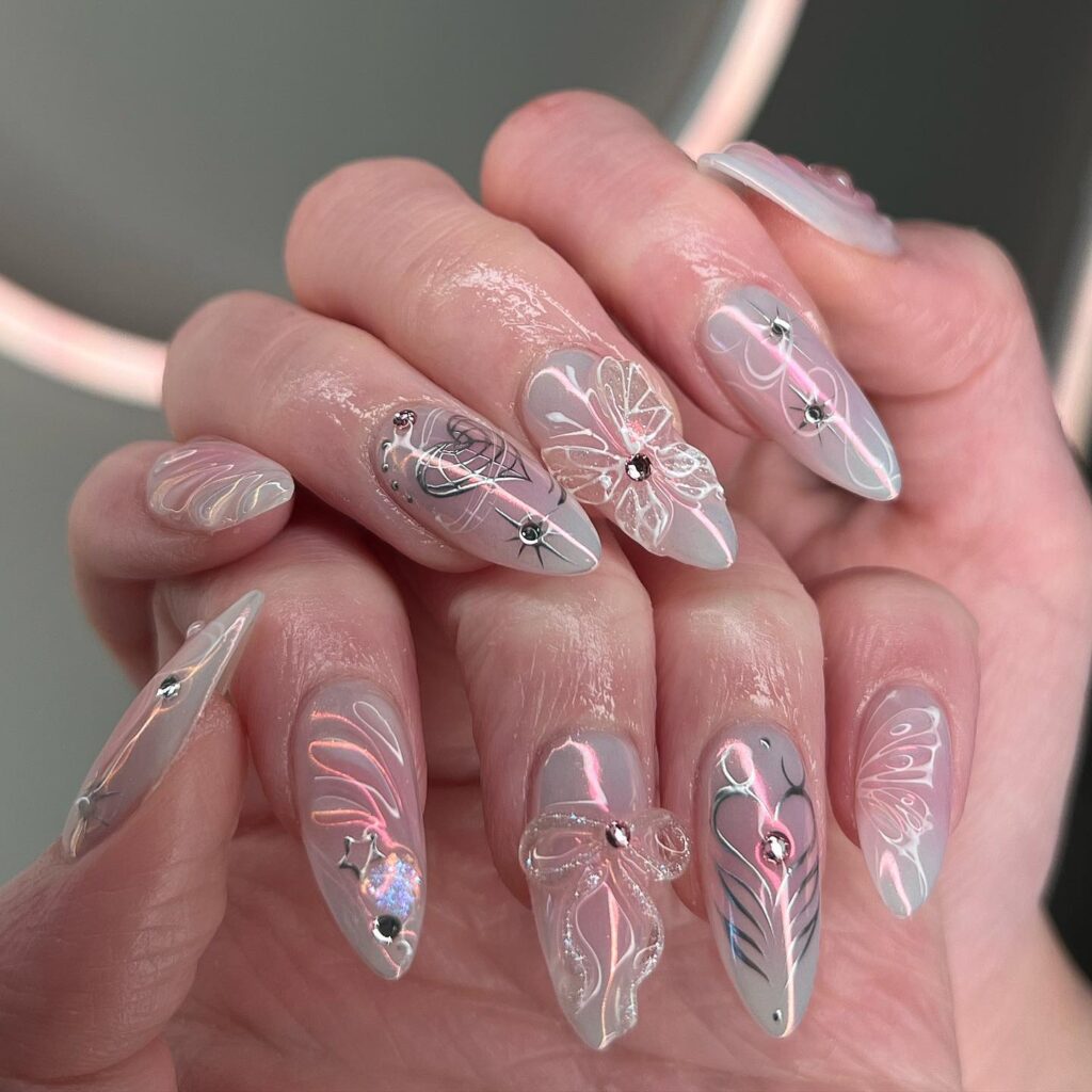 ribbons, butterflies and hearts on nails