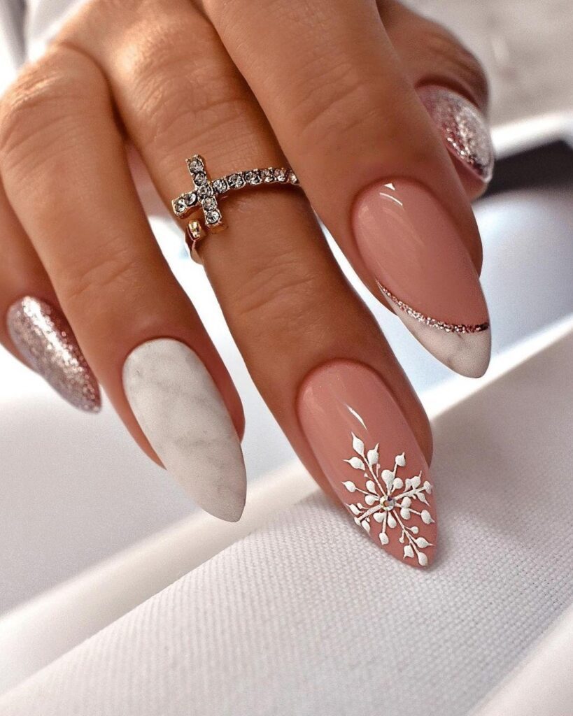 White Christmas almond-shaped nails