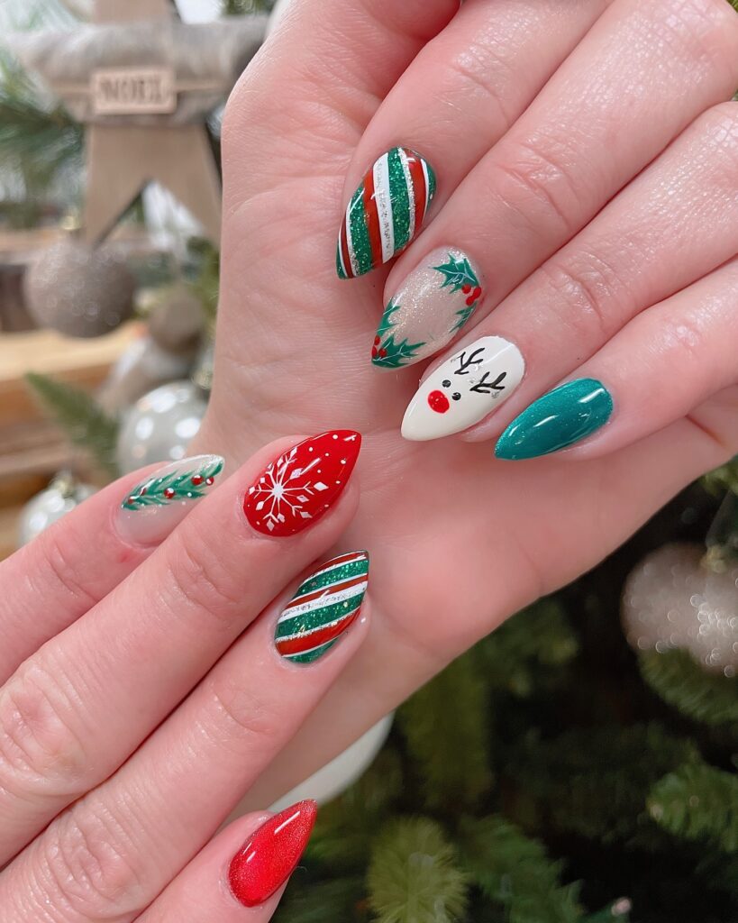 Christmas Nails with raindeer, snowflakes and wreaths