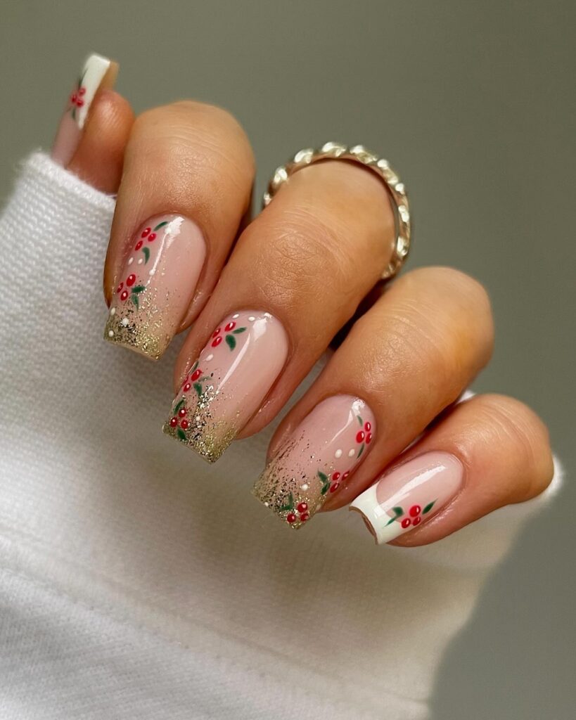 christmas nails with red berries and gold glitter