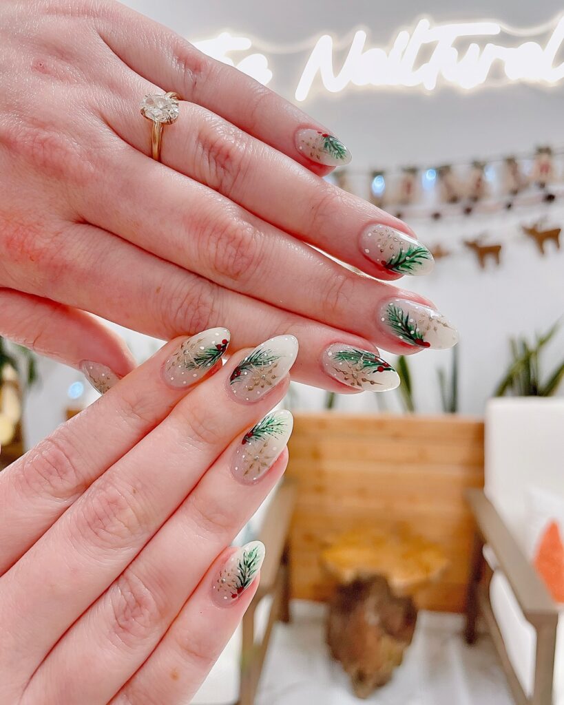 white christmas nails with festive tree branches