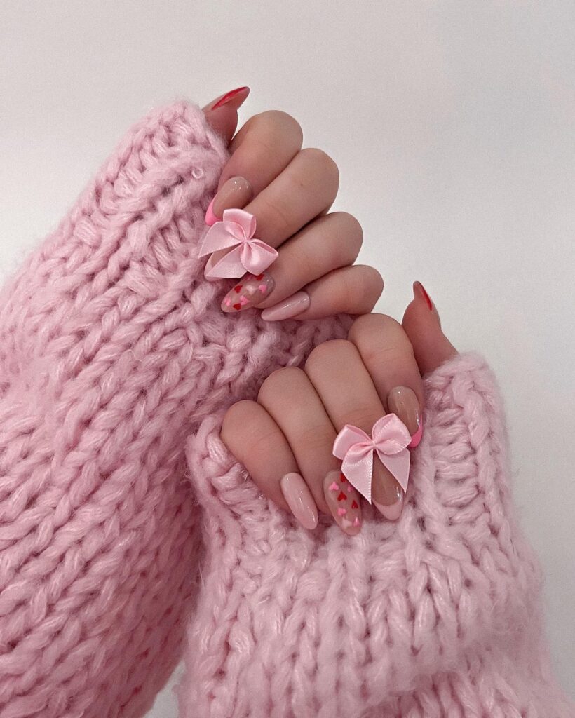 hearts & ribbons nail design