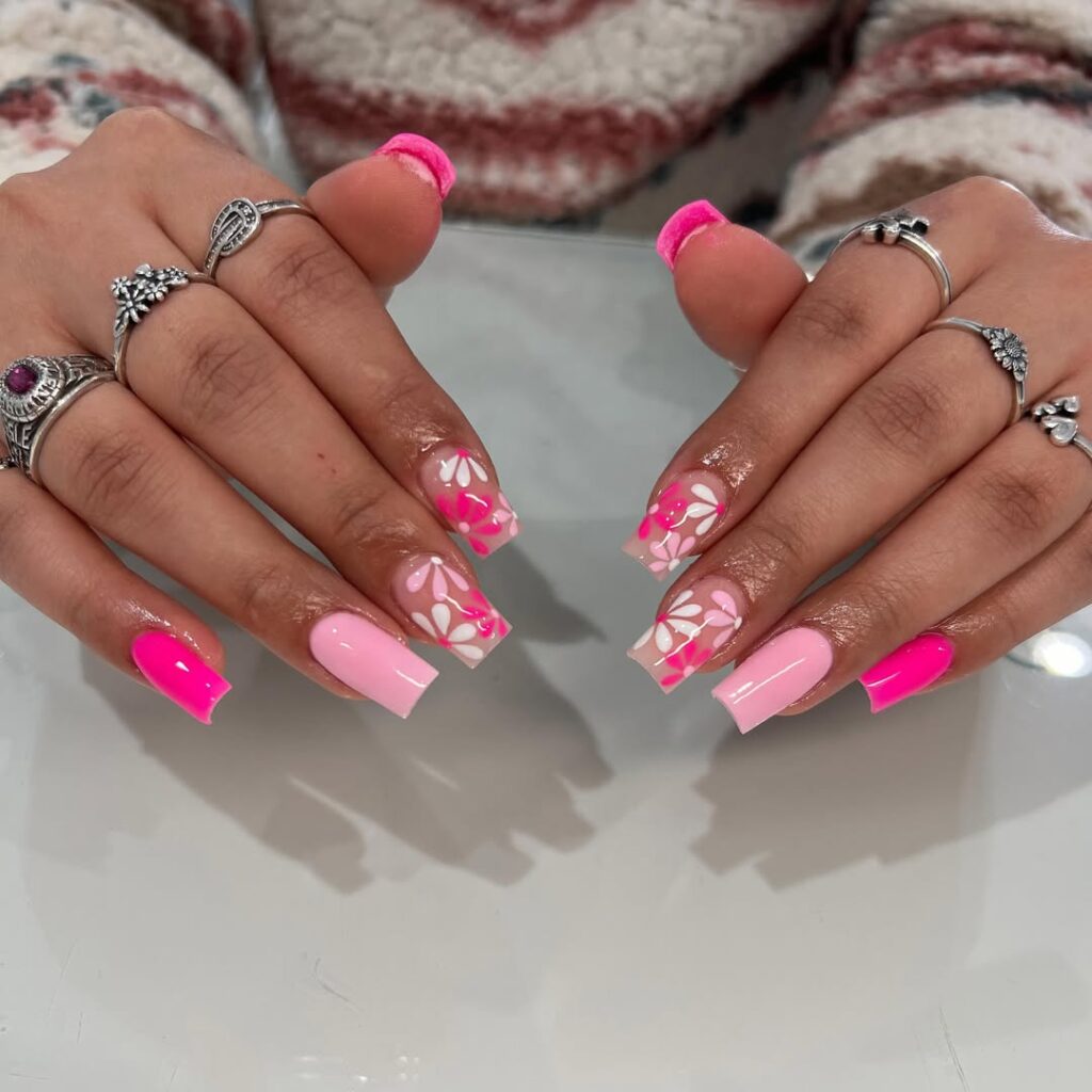 valentines nails with pink flowers