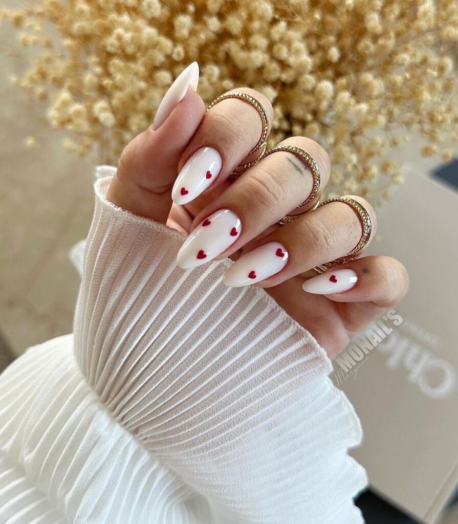 Dark Red Hearts on White Nails